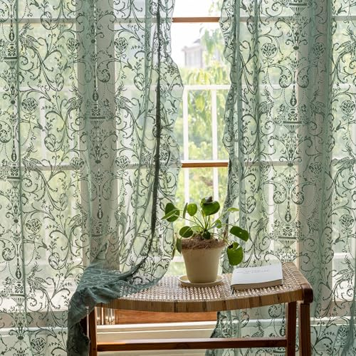 TUDECO Cortinas de color verde oliva de 84 pulgadas de largo, cortinas traslúcidas de encaje rústico para sala de estar, tul, volantes, decoración navideña, cortinas de ventana con filtro de luz, 52 x