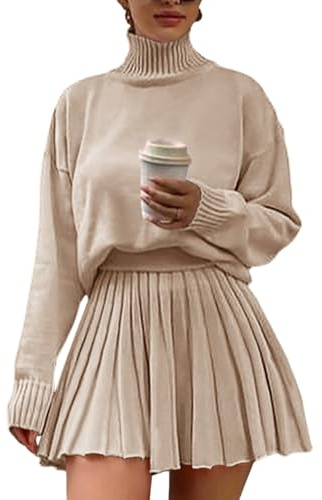 Jenisso Women's 2 Piece Outfits Turtleneck Long Sleeve Oversized Pullover Sweaters And Pleated Mini Skirt Two Piece Sets