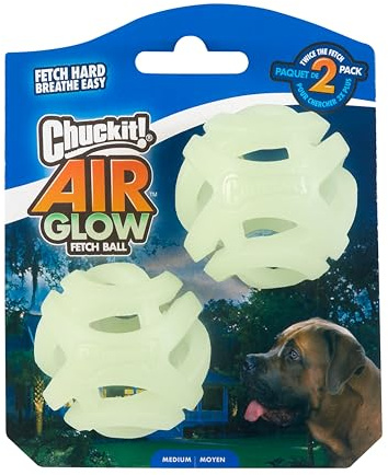 Chuckit! Air Glow Ball - fosforescerande hundboll - återhämtningsleksak - noppstruktur som underlättar luftcirkulationen - medium storlek - diameter på 6,5 cm - förpackning med 2 bollar