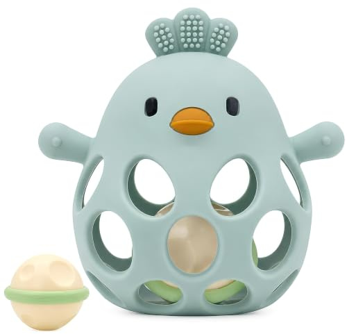 farout Montessori Beißring & Rassel für Babys - Sensorik Spielzeug ab 0 Monate, Zahnungshilfe & Greifball - Geschenk für Jungen & Mädchen (Sage Green)