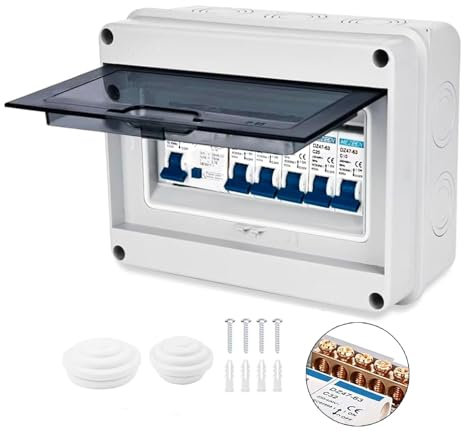 Consumer Unit 4 Way IP65 Protection Consumer Unit Circuit Breaker Consumer Unit Anti-Leakage Fuse Box for Garages, Caravans, Workshops 63A 30mA RCD 4MCB 2x6A+10A+20A+32A