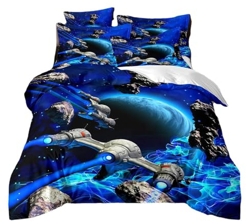 RZPFQB Blau Universum Weltraum Kinder Bettwäsche 135x200 Bettwäsche Set Kinderbettwäsche Raumschiff Rakete Sterne Meteorit Bettbezug Set Blau Planeten Weltall Microfaser Bettwäscheset