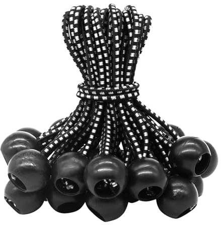 Pack of 25 Bungees with Ball (Black and White 150 mm) for Tents, Tarpaulins, Posters, Expander Loops, Tent Rubber 2024.