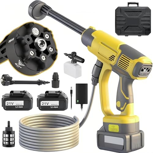 Akku Hochdruckreiniger, 21V Max 60Bar/870PSI Mobiler Druckreiniger mit 4,0Ah Akku, 3 Ganggeschwindigkeiten, LCD Leistungsanzeige, 6 In 1 Düse, 5M Schlauch und Schaumkanne (mit 2X Akkus)