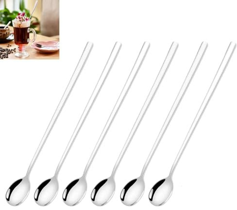 Lot de 6 cuillères à café en acier inoxydable avec long manche, cuillère mélangeuse pour cappuccino, café glacé, thé glacé, milkshake, dessert et boisson froide (24 cm)