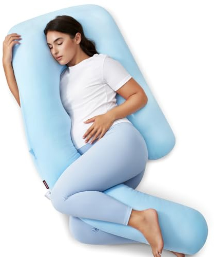 Momcozy Pregnancy Pillow with Cooling Cover, Dreamlign U Pro Maternity Pillow with Adjustable Leg Pillow - Support for Back, HIPS, Belly, Legs for Pregnant Women, 50-72 Inch, Bule