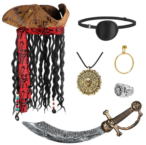 Tanganan Halloween Piratenhut Kostüm Set, 6 pcs Piratenkostüm mit Dreadlocks Schädelkopfschwert Ring Ring Halskette Ohrringe Eye Patch Leder brauner Hut für Frauen Männer Männer