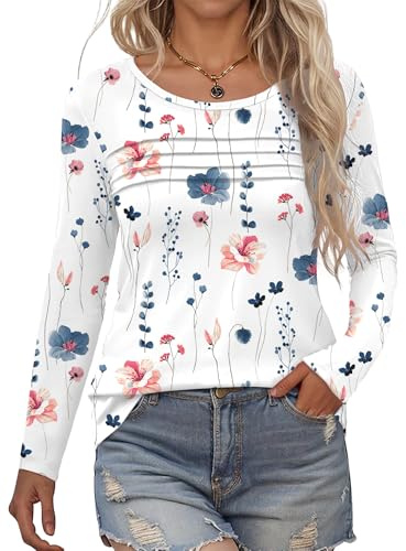 Rapbin Womens Tops Long Sleeve Crew Neck T-Shirt Trendy Pleated Floral Printed Tunic Blouse Dressy Casual Spring Shirts 2026 Fashion(White Blue Floral,L)