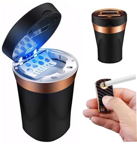 Cenicero de automóvil con tapa y cenicero de plástico con recubrimiento de metal solar/USB con recubrimiento para el automóvil con revestimiento de cerámica y bandeja de cenizas compatible con elec