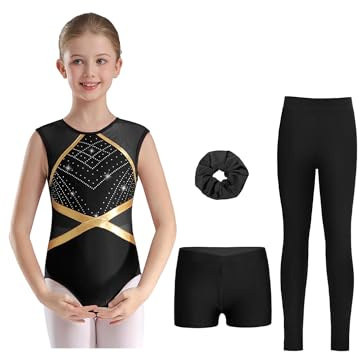 MSemis Body Danza Classica Bambina Ginnastica Artistica Balletto Leotards con Pantaloncini Leggings Sportivi e Fascia Capelli Completo da Pattinaggio Artistico 4 Pezzi Nero 7-8 anni