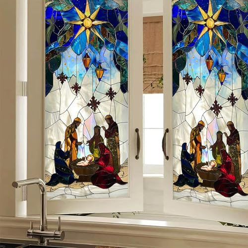 HOMETITUTE Nativity Scene Window Privacy Film Stained Glass Religious Decorative Window Film Static Cling Glass Sticker for Home Office Bathroom Bedroom Living Room 17.7 x 39.3 I