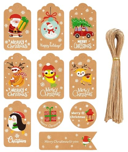 Weihnachten Geschenkanhänger, 100 Stück Namensschilder Weihnachten mit 10 Designs, Geschenkkärtchen Weihnachten für Weihnachtsgeschenke, Weihnachtskärtchen Klein mit Juteschnur