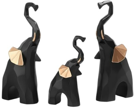 Moderne Elefanten Dekofiguren im 3er Set Symbol aus Harz für Glück und Familie– Geometrische Skulptur in Schwarz Gold als Geschenkidee für Hochzeit & Einweihung – Wohnzimmer & Büro Deko Figuren