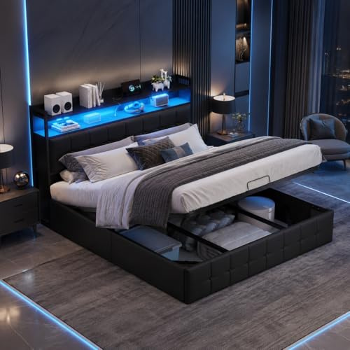 Letto Matrimoniale 160x200 cm con Contenitore, Letto Imbottito in PU Nero con LED, Testiera con Ripiano e Ricarica USB/Type-C, Rete a Doghe, Letto Moderno per Camera da Letto (nero, 160 x 200 cm)
