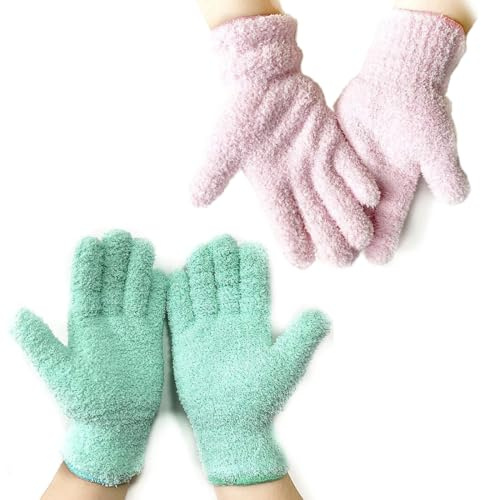 MKEAWWU 2 Paar Putzhandschuhe Aus Mikrofaser Rosa Grün - Waschbare Staubhandschuhe Korallenvlies Für Haus Möbel Ecken Erwachsen Einheitsgröße