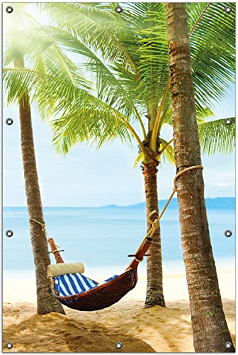 Wallario Outdoor-Poster für Garten oder Balkon Hängematte in der Karibik, Motivbanner Größe: ca. 100 x 150 cm, Outdoor-Bild