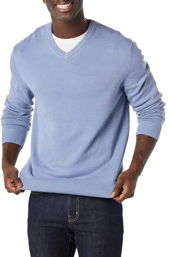 Amazon Essentials Herren V-Ausschnitt Pullover aus Baumwolle, Normale Passform, Staubblau, M