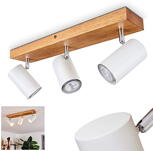 HOFSTEIN Deckenleuchte Zuoz, verstellbare Deckenlampe aus Metall/Holz in Weiß/Naturfarben, Leuchte im Boho/skandinavischen Design mit Holzbalken, 3 x GU10, Wohnzimmer, Esszimmer, Schlafzimmer, Küche