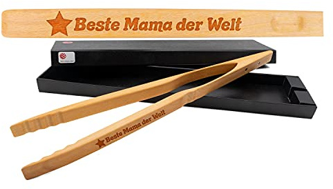 Zetzsche Design-Grillzange mit Gravur 'Beste Mama der Welt' inkl. Geschenkverpackung, Geschenk zum Muttertag oder Geburtstag, Holzzange Greta perfekt zum Grillen, Raclette oder Küche, 46 cm
