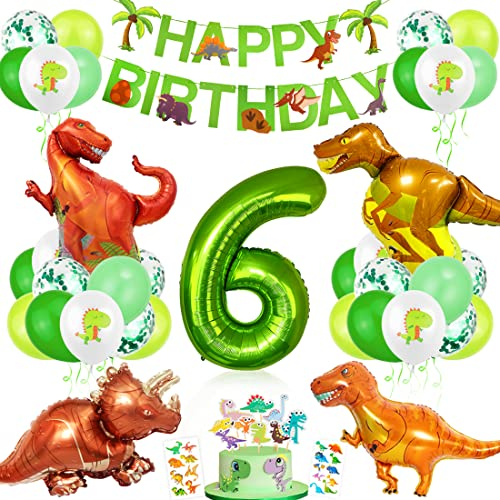 Dino Geburtstag Deko 6 Jahre, XXL Dino Luftballons Geburtstag 6, Geburtstagsdeko Jungen 6 Jahre Dinosaurier, Folienballon 6 Dino Ballons Grün für Kindergeburtstag Dinosaurier Partyset Dekoration