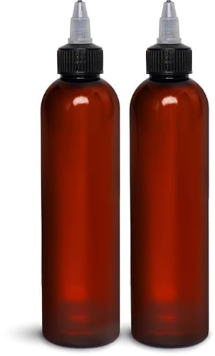 Twist Top Applicator Bottles, 8 OZ, Squeeze Empty Plastic Bottles, Black Nozzle, BPA-Free, PET, Refillable, Open/Close Nozzle - Multi Purpose (Amber)