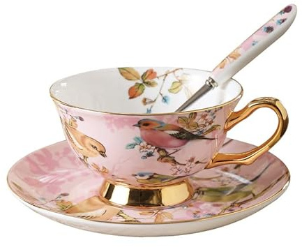 Pfedxoon Bone China Tea Cup Set with Saucer Spoon (240ml) - Cappuccino & Latte Cups, Porcelain Tea Set, Mother's Day Gift (Pink Bird)