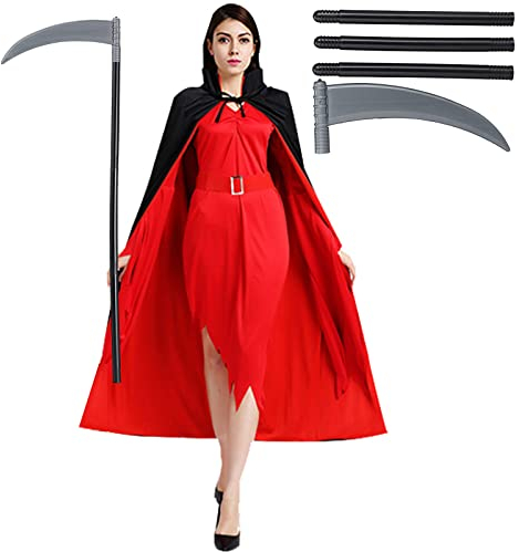 AOTOPYU Vampire Cloak Scythe 100cm Staff Sickle Weapon Grim Reaper Accessories Theme Party Carnival Cape with Stand Collar Black Red Double Sided with Adult for Halloween Costume