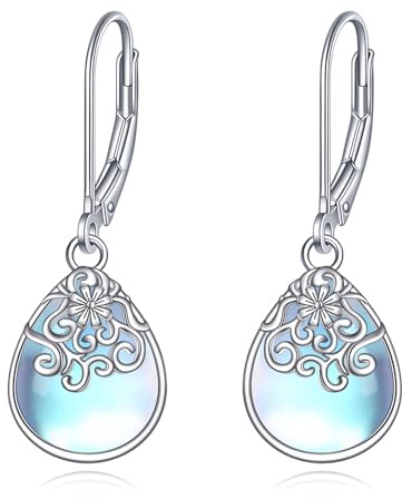 POPLYKE Keltische Mondstein Filigrane Tropfen Ohrringe Sterling Silber Leverback Ohrringe Schmuck
