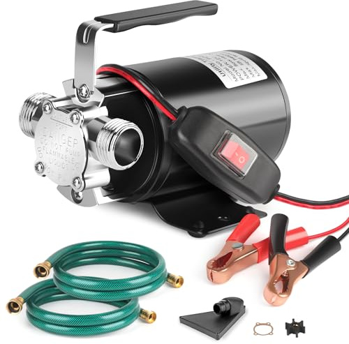 FIDISP 12 Volt Water Pump, Portable Transfer Pump, 330GPH Larger Flow, 1/10HP Electric Utility Pump with On/Off Switch, 2 * 6’ Water Hose Kit for Garden Pools Aquariums Hot Tub