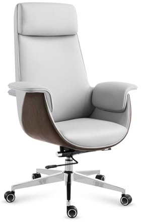 MARK ADLER Boss 8.2 White | Ergonomischer Bürostuhl Chefsessel Drehstuhl Modern | Höhenverstellbar Drehbar Wippfunktion | Armlehne | bis 130 kg belastbar | Homeoffice Büro | Kunstleder Holz | Weißgrau