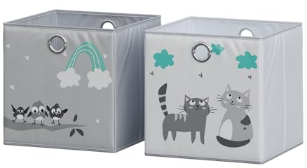 Vicco Faltbox, Grau (Katzen & Vögel), 30 x 30 cm | (Motiv Katzen & Vögel), mit Öse zum einfachen Herausziehen und kindgerechten Motiven