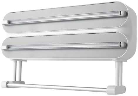 3-in-1 Küchenrollenhalter Wand, Frischhaltefolienspender mit Klebehaken-Aufkleber Folienspender für Frischhaltefolie Alufolie Backpapier und Küchenpapier (Grau)