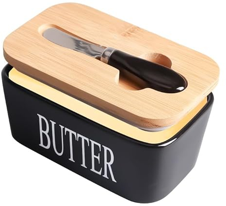 Les-Theresa Butterdose 600ml, Keramik, Schwarz, mit Bambusdeckel und Buttermesser, Luftdicht, für Haushalt und Küche