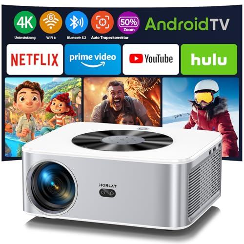 Proiettore【Android TV】 Horlat 4K Supporto 6G WiFi Bluetooth Porjector, 25000 Lumens Full HD 1080P Videoproiettore, con Built-in Netflix/Youtube/Prime Video +7000 APPS