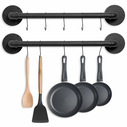 Boshangjia Pot Pan Rack Wall Mounted Set of 2, 21 Industrial Pipe Utensils Hanger Holder Pots Storage Organizer Iron Detachable Hanging Rail for Kitchen with 10 S Hooks…