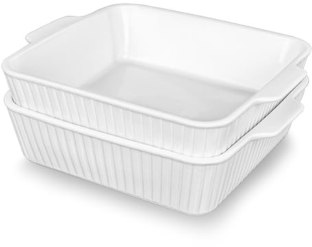 cikiciki 10 Square Ceramic Casserole Dish Set of 2-2.6 Qt Deep Baking Dishes with Handles for Oven, Lasagna Pan for Casseroles Cake Bread, Microwave Dishwasher Safe Bakeware Set, White