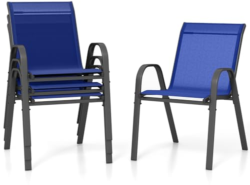 COSTWAY 4er Set Gartenstühle stapelbar, Stapelstühle aus Textilene und Metallgestell, Terrassenstühle mit Armlehnen, Balkonstühle bis 150 kg belastbar, 56 x 70 x 84 cm (Blau)