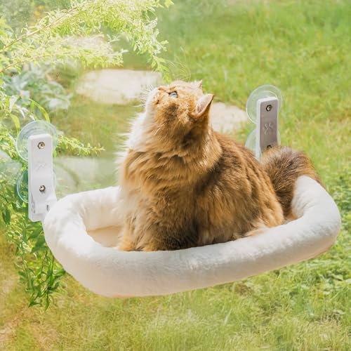 MEWOOFUN Großes Katzen Hängematte Fenster Mit Abnehmbarem Dickem Bezug - Faltbar, Stabil, 4 Starke Saugnäpfe, Hält 18kg (Weiß, M)