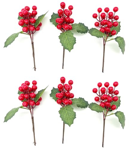 duoyif Rote Beeren Deko 6Stück 18cm Künstliche Rote Beeren Dekor, Fake Beerenzweige, Deko Rot Beerenzweige Für Weihnachten DIY Handwerk Türkränzen (18cm)