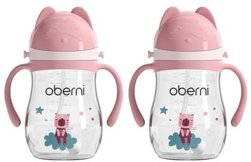 Oberni Baby Sippy Cup with Handle & Strap, Non-Spill Water Bottle for 6 12 Months + Toddlers, BPA-Free | Tritan | Dishwasher Safe | Leak Proof Valved Spout | 270ml 9oz | Pink (2 Pack)