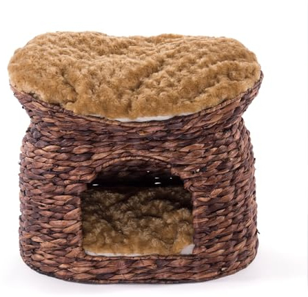 CREEDWOOD Katzen Korb Luna | 54cm, Wasserhyazinthe, mit Kissen | Katzen Wasserhyazinthe, Katzenturm, Katzenbett Natur, geflochtenes Katzenhaus, Katzenhöhle