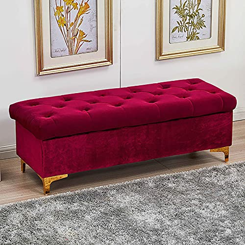 LFONDIGE Samt-Sitzbank mit Stauraum, Premium-Polsterbank mit Stauraum, Moderne Fußhocker für Zuhause, Schlafzimmer, Wohnzimmer, Flur, Schuhbank, Multifunktionsbänke, Weinrot, 100 x 45 x 40 cm (39 x 1