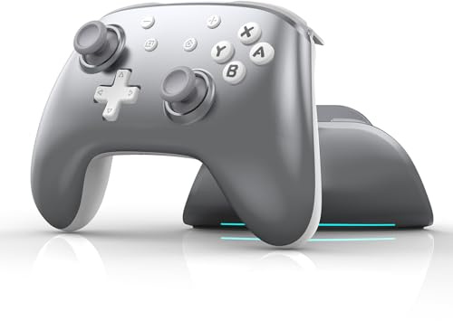 IINE Wireless Pro Controller with Charging Dock, PC Controller with Macro/Turbo/Rumble/NFC/Motion Sensor Function, Multi-Platform Gamepad Compatible with Switch/PC/Steam/Phone/Tablet (Bright Silver)