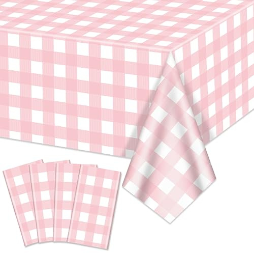 4 confezioni di tovaglie rosa a righe in stile Gingham, tovaglie a scacchi bianco e rosa 219,96 x 129,53 centimetri coperture per tavolo a righe rettangolari impermeabili per picnic per feste di
