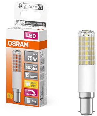 OSRAM LED T Slim schlanke multicolor LED-Lampe aus Kunststoff mit B15d-Sockel, T-Form, 8 W / 1055 lm, klar, warmweißes Licht mit 2700 K, dimmbar, 18 mm Durchmesser, CRI 80.
