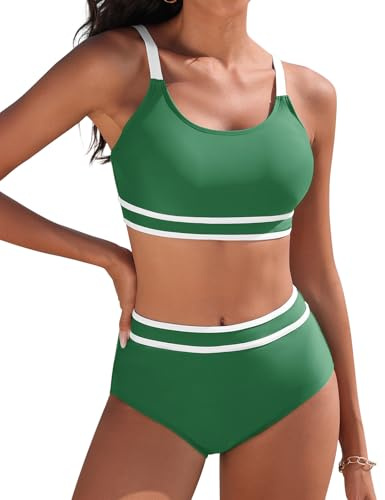 Yuson Girl Dam Baddräkt Tvådelad Push Up Vadderad BH Bikini Dam Hav Justerbar Badkläder U-ringning Randig Patchwork Bikini Hög Midja Strandbikini, Grön, L