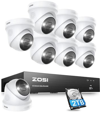 ZOSI 4K PoE Überwachungskamera Aussen Set 8CH 2TB NVR 8X 8MP IP Dome Kamera | 24/7 Videoüberwachung mit KI Personen-/Fahrzeugerkennung, 2-Wege-Audio, Farbnachtsicht, C225