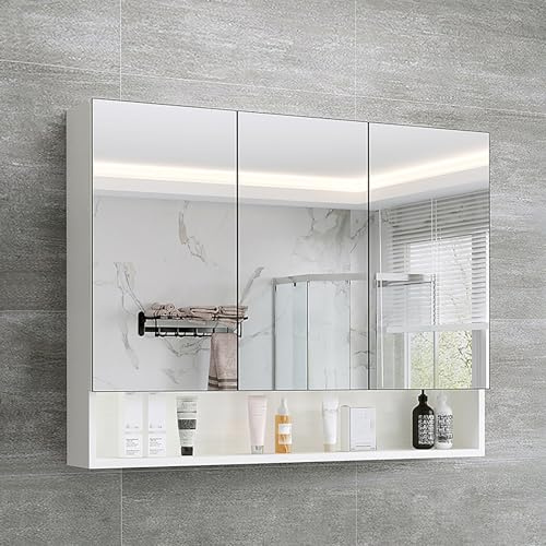 ZBAOLTO Badezimmerschrank mit Spiegel, Spiegelschrank Weiß 70x15x63 cm | Spiegelschränke fürs Bad Mirror Cabinetmit 3 Tür, Wandmontage, Spiegelschrank bad für Badezimmer,Modern Lagerung