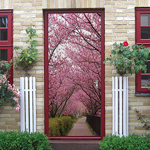 3D Tür Wandaufkleber Rosa Blumen und kleiner Pfad Fototapete Türfolie Poster Tapete Aufkleber DIY Selbstklebende Wandbild PVC Wasserdichte Tapete B90 x H200cm