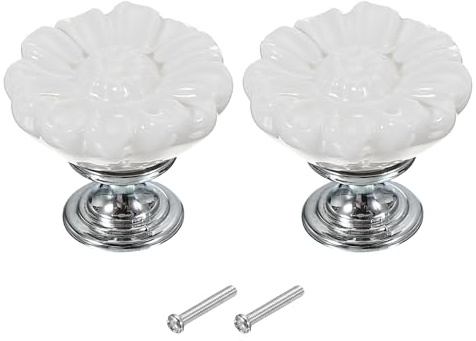 PATIKIL Vintage Floral Knobs, 1-5/16 (Diameter) x 1.1 (Height), 2 Pcs Ceramic, Zinc Alloy, White, Round, Retro Style, Satin Finish, Screws Attachment, Drawer Knob